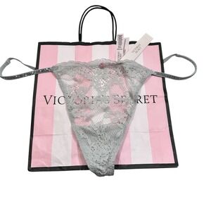 NWT Victoria's Secret Dream Angels V String Thong Gray Lace Rhinestone Detail XL